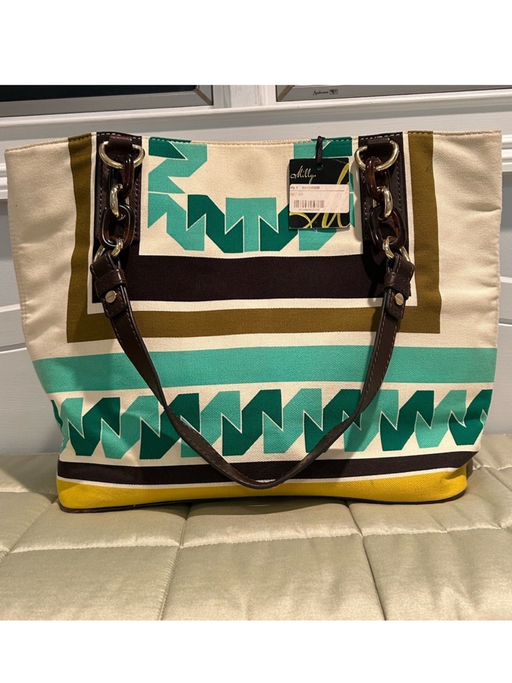 Milly Large Canvas Multicolor Market Tote with Geometric Design. 13” x 12” x 6”